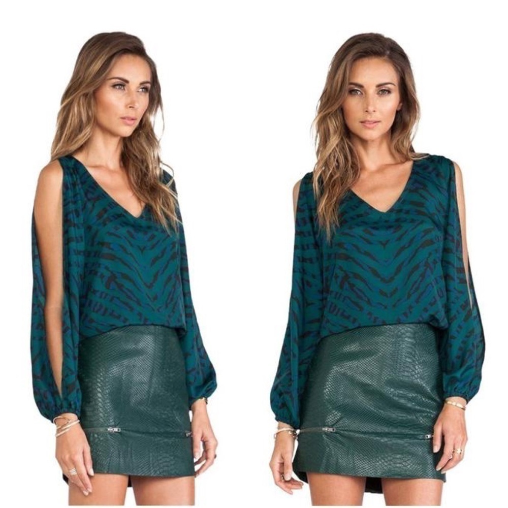 LOVERS + FRIENDS Daydream Evergreen Animal Print Cutout Sleeve Blouse